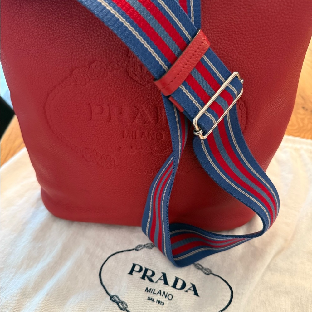 Prada Red Bag with Striped Blue Strap